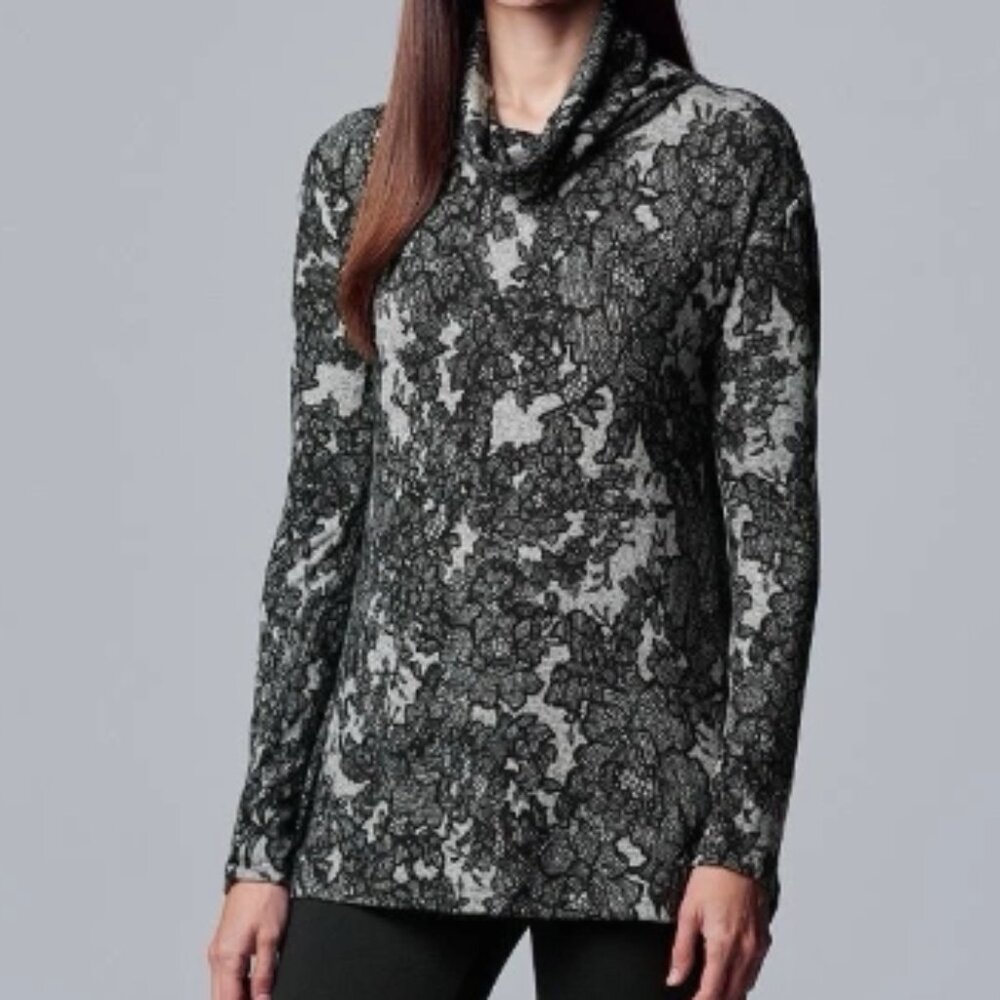 Simply Vera Wang XXL Top Gray Black Floral Cowl Neck Artsy Tunic Whimsygoth